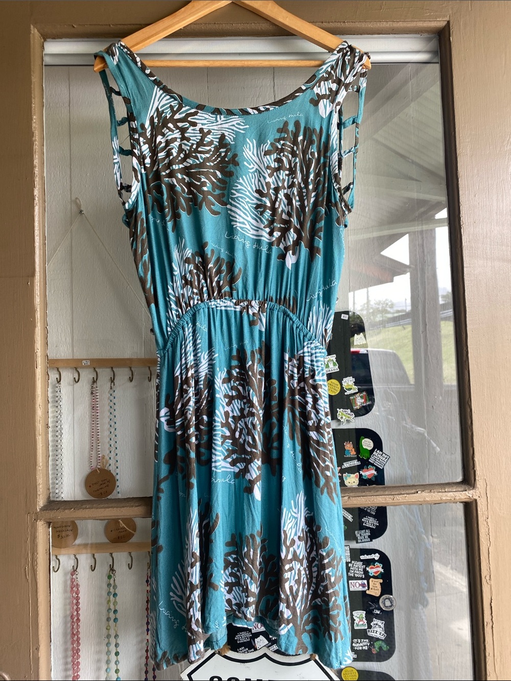 Living Hula Hawaiian Teal Floral Midi Dress with Brown & White Print